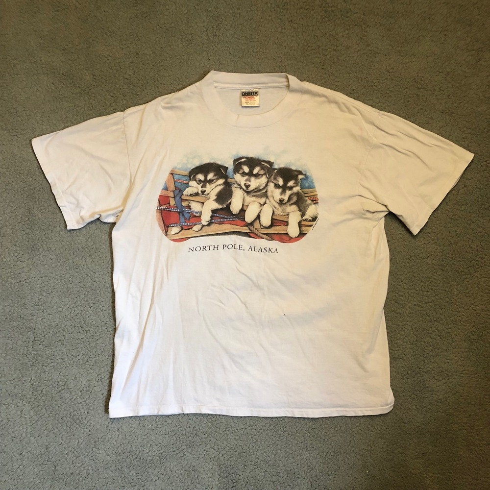 Vintage 1993 Peggy Murray Husky Puppies T-Shirt XL North Pole Alaska Oneita USA